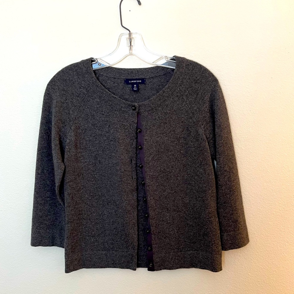 3/4 sleeve Cashmere cardigan w/ grosgrain placket, pearl like buttons, size XS